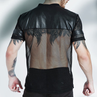 Men's Breathable Running Mesh T-shirt Stitching Casual Sports V-neck