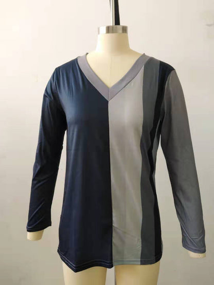 V-neck Striped Printed Long Sleeves T-shirt