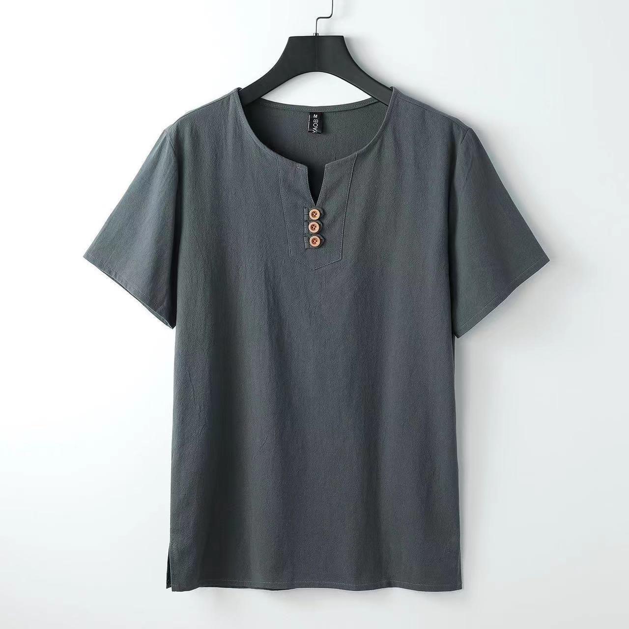 Men's Chinese-style Cotton And Linen V-neck Short Sleeve