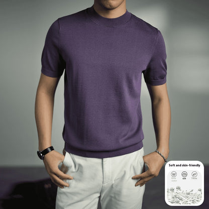 Men's Knitted T-shirt Versatile Solid Color Round Neck Short Sleeves