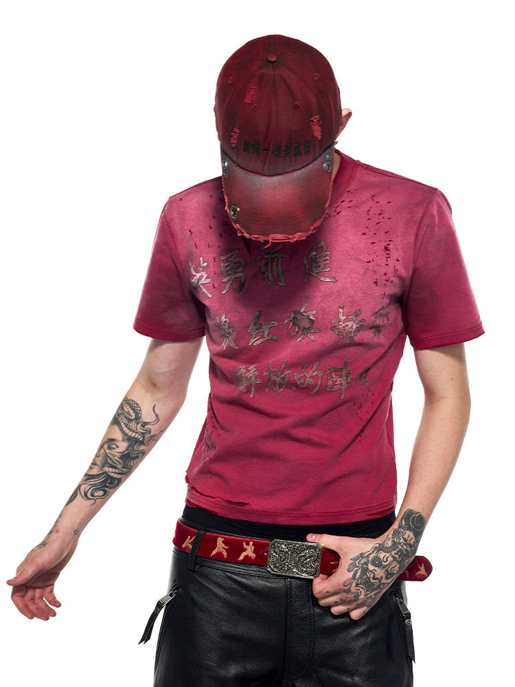 Men's Summer Spray Dirty Washed Distressed Slim-fit Red Short Sleeve