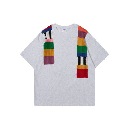 Color Contrast Patchwork Design Round Neck Loose Short Sleeves