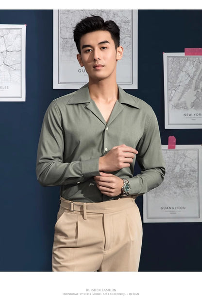 Cuban Collar Shirt Men's Business Casual Long Sleeve Shirt