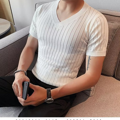 Men's Half Sleeve Hollow V-neck Slim-fit Short-sleeved