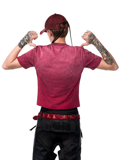 Men's Summer Spray Dirty Washed Distressed Slim-fit Red Short Sleeve