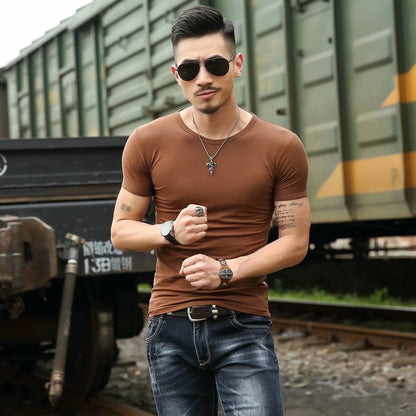 Korean Slim Fit Men's Elbow-sleeved Top Tight Elastic T-shirt