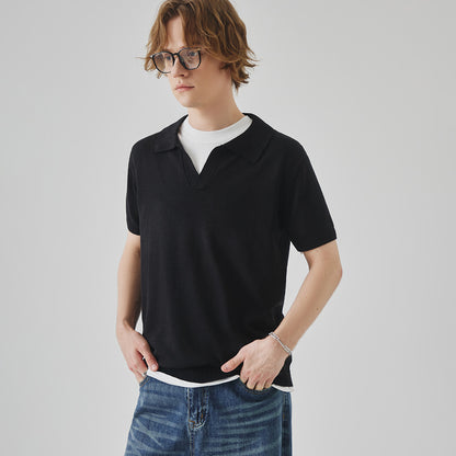 Summer Knitted Short-sleeved High-grade Solid Color Polo Collar Casual T-shirt
